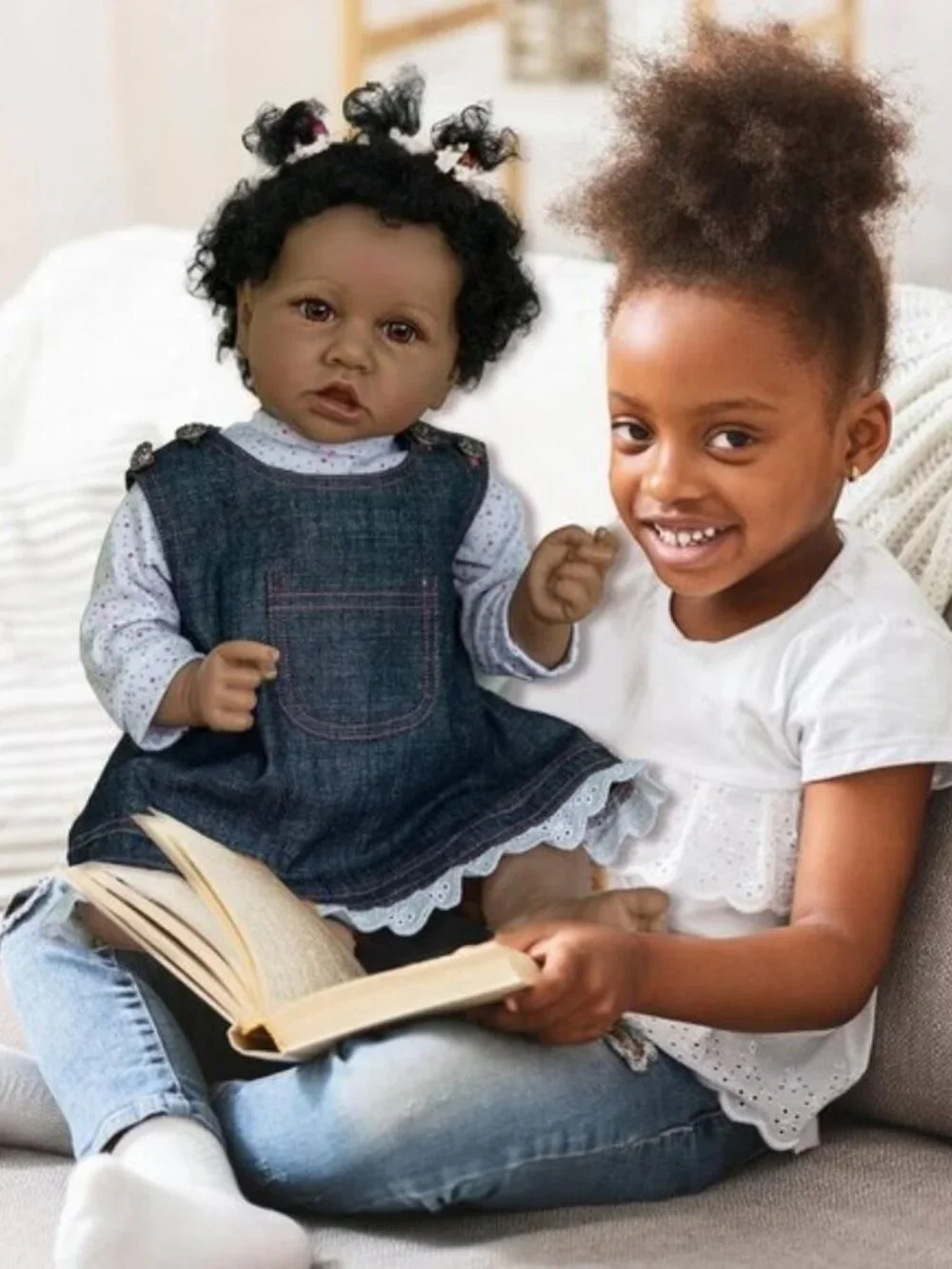 22 Inch Realistic Black Reborn Baby Girl Doll Open Brown Eyes Curly Hair